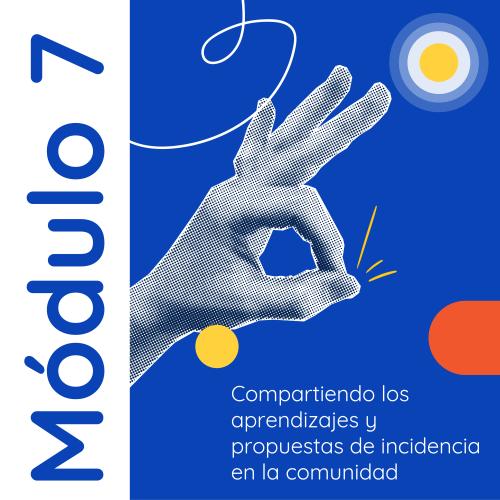 Fondo blanco con título alineado a la izquierda con rotación de 90 grados y la inscripción "Módulo 7". A la derecha en fondo azul resalta la ilustración de una mano haciendo el símbolo de "Ok" con los dedos índice y pulgar formando una "o" y los demás dedos extendidos.