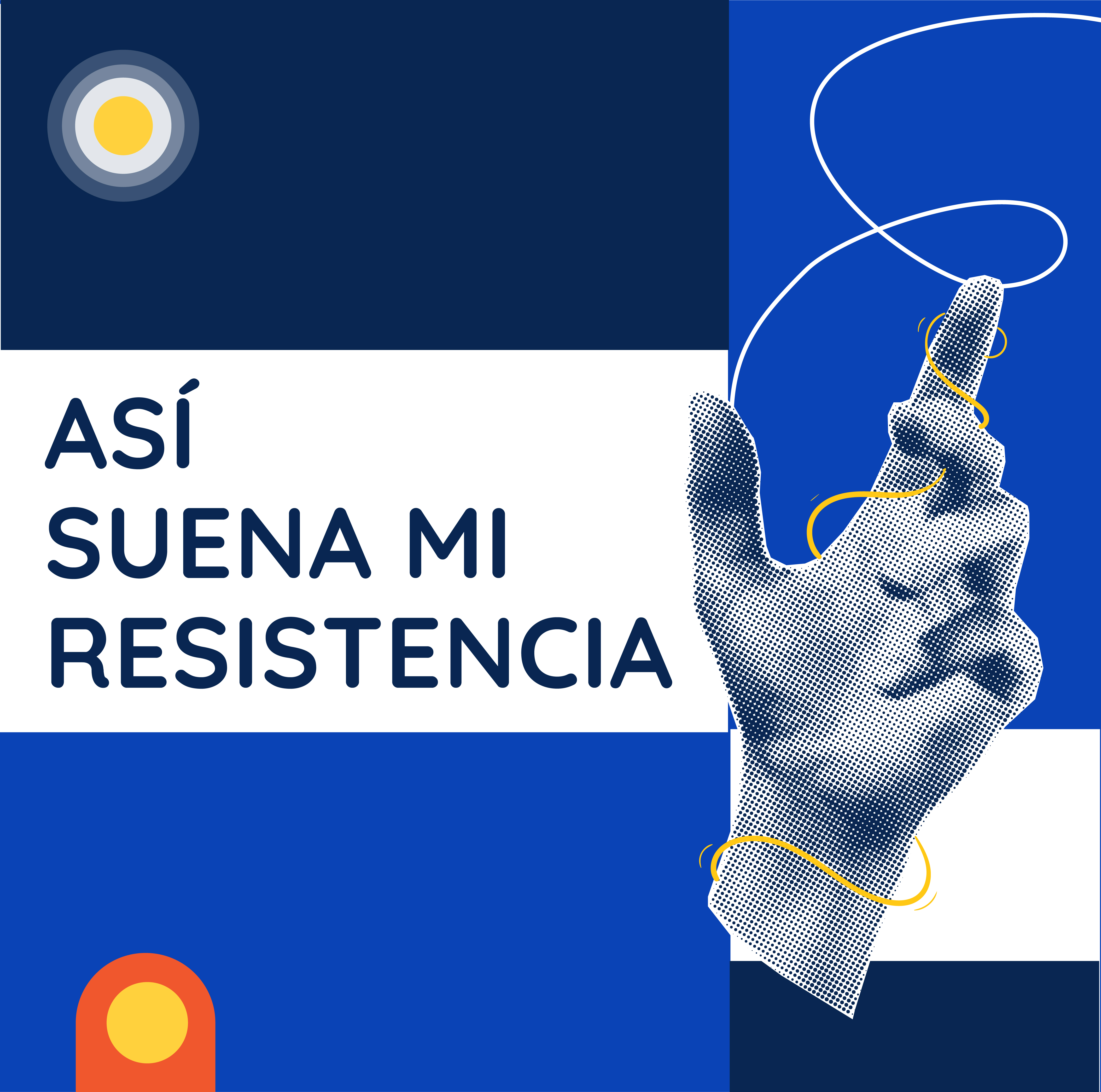Portada de "Así suena mi resistencia", con bloques geométricos en azul y una mano en semitono sosteniendo un hilo dorado sobre fondo blanco. En las esquinas, círculos concéntricos y un semicírculo naranja con centro amarillo.