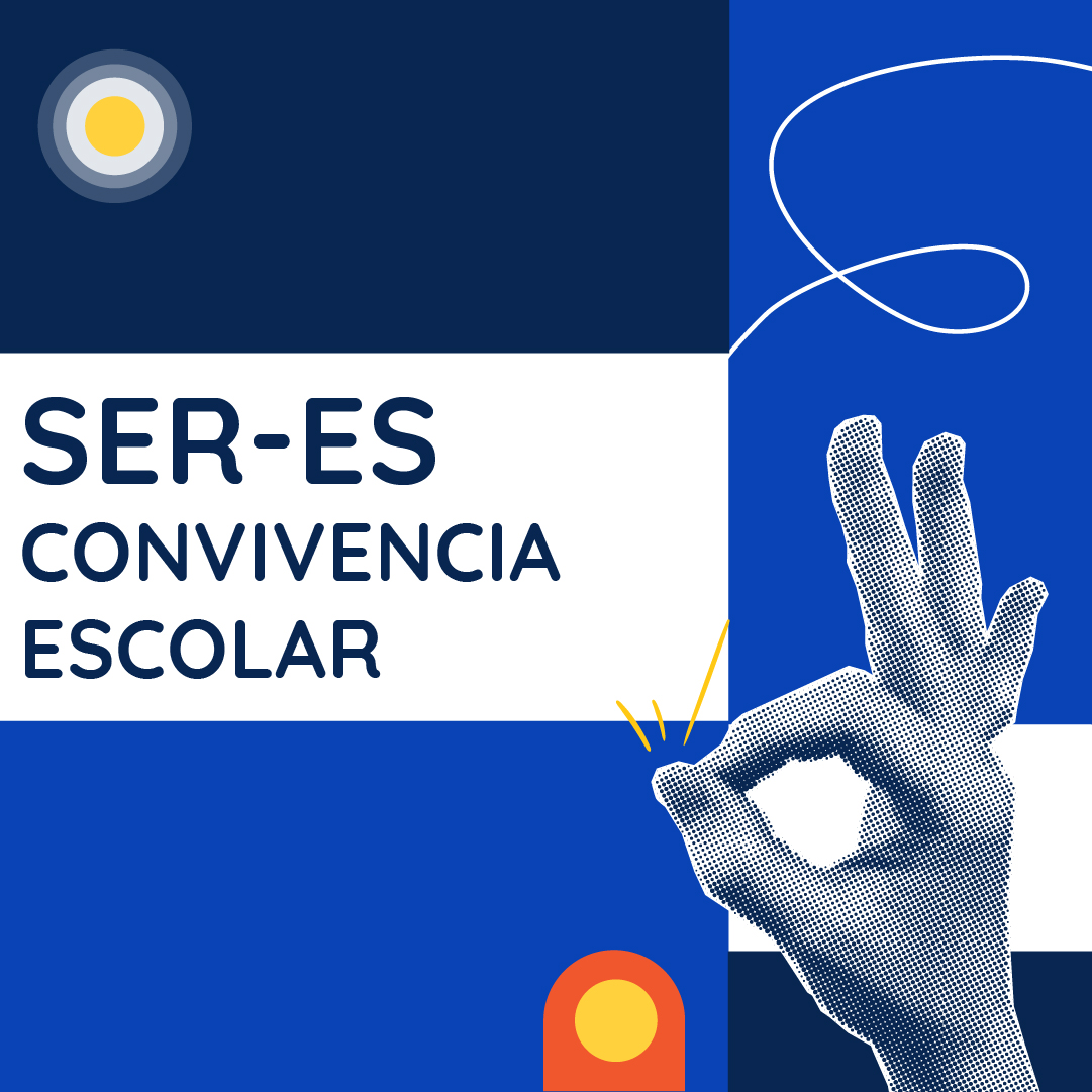 Fondo azul con título alineado a la izquierda con la inscripción "SER-ES Convivencia escolar" en mayúscula sostenida. A la deracha se ubica una mano haciendo el símbolo "Ok" con los dedos índice y pulgar tocándose en las puntas y los demás extendidos