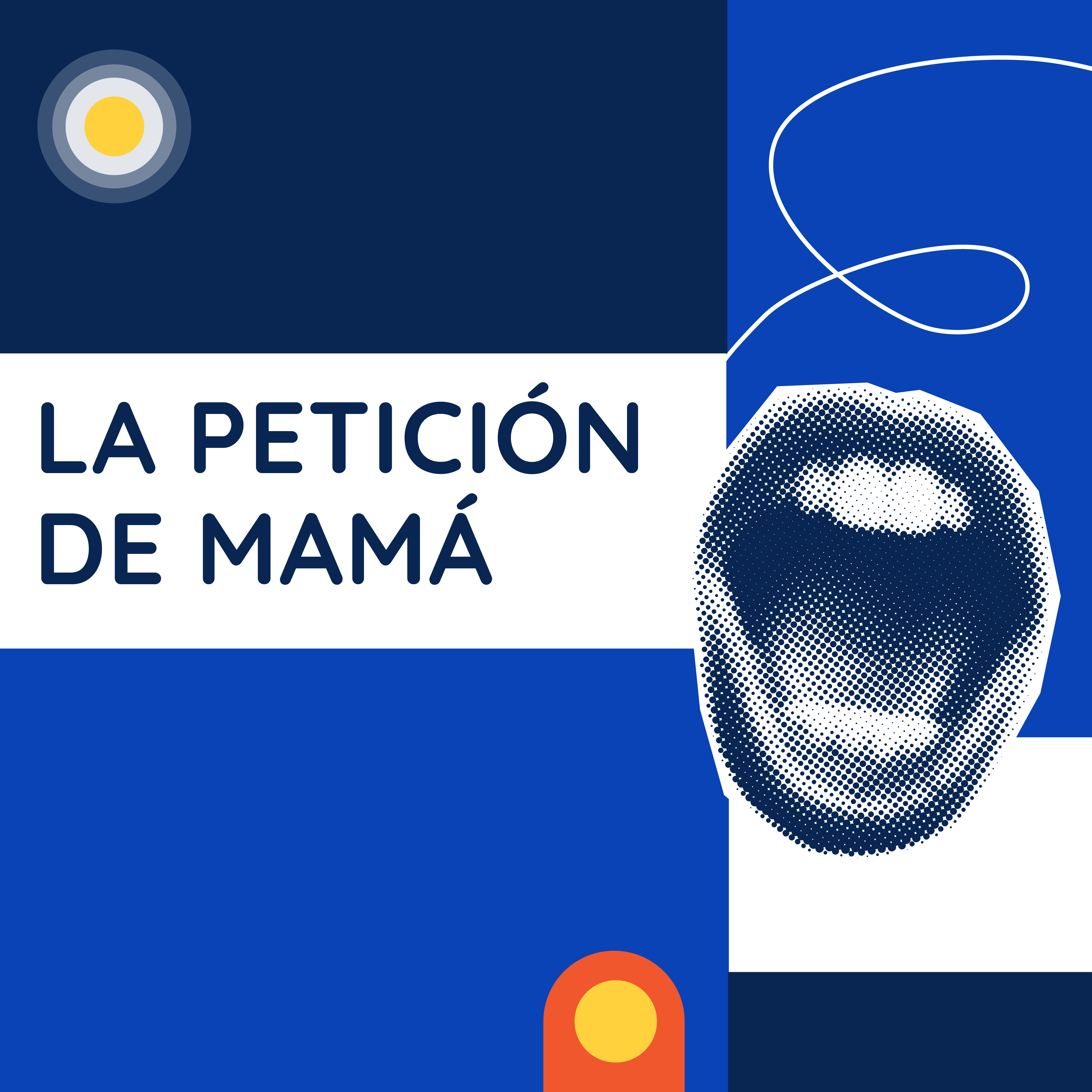 Fondo blanco con título alineado a la izquierda y la inscripción "La petición de mamá" en mayúscula sostenida. A la derecha en fondo azul resalta la ilustración de una boca humana abierta.