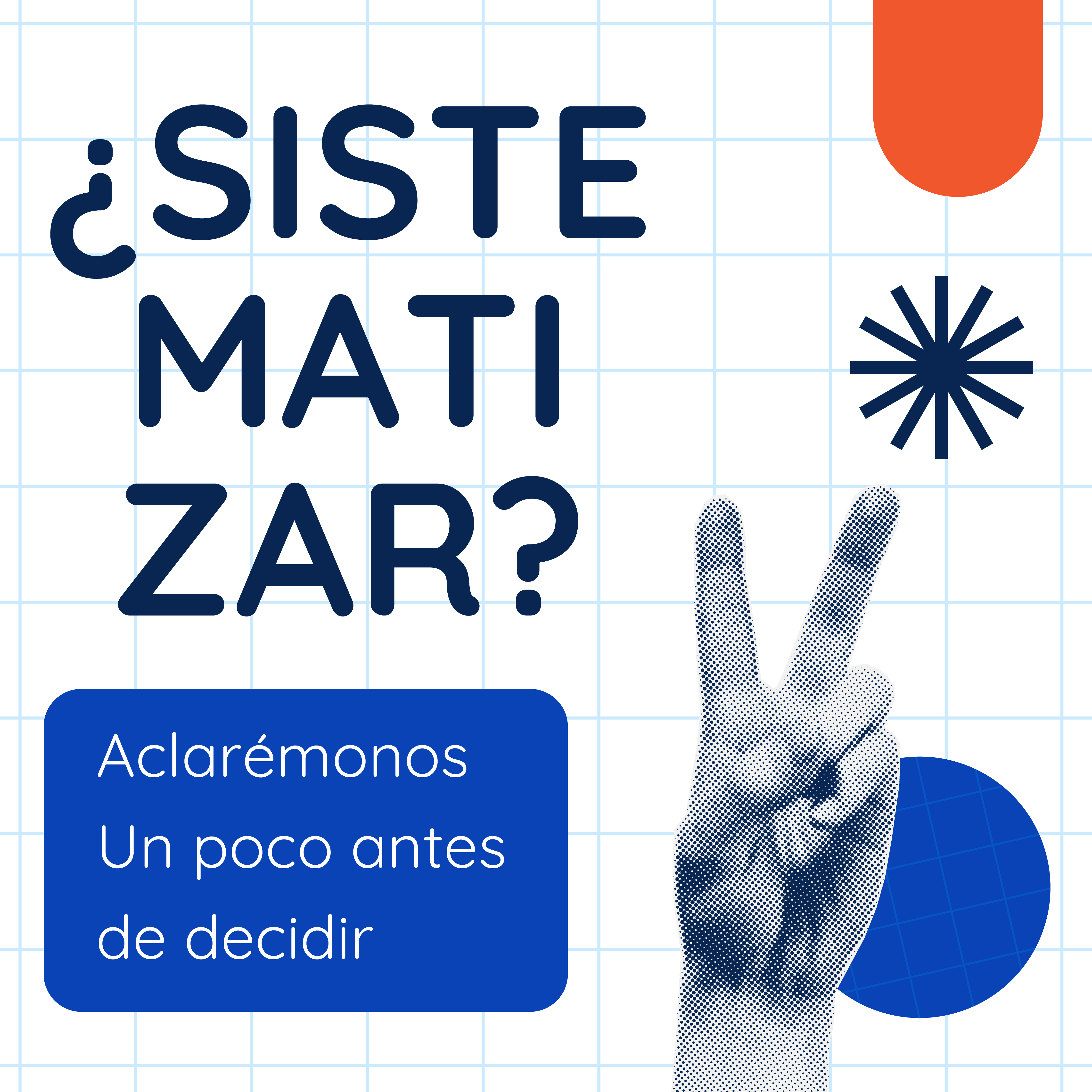 Título del recurso, símbolos color azul y naranja y mano haciendo un gesto 