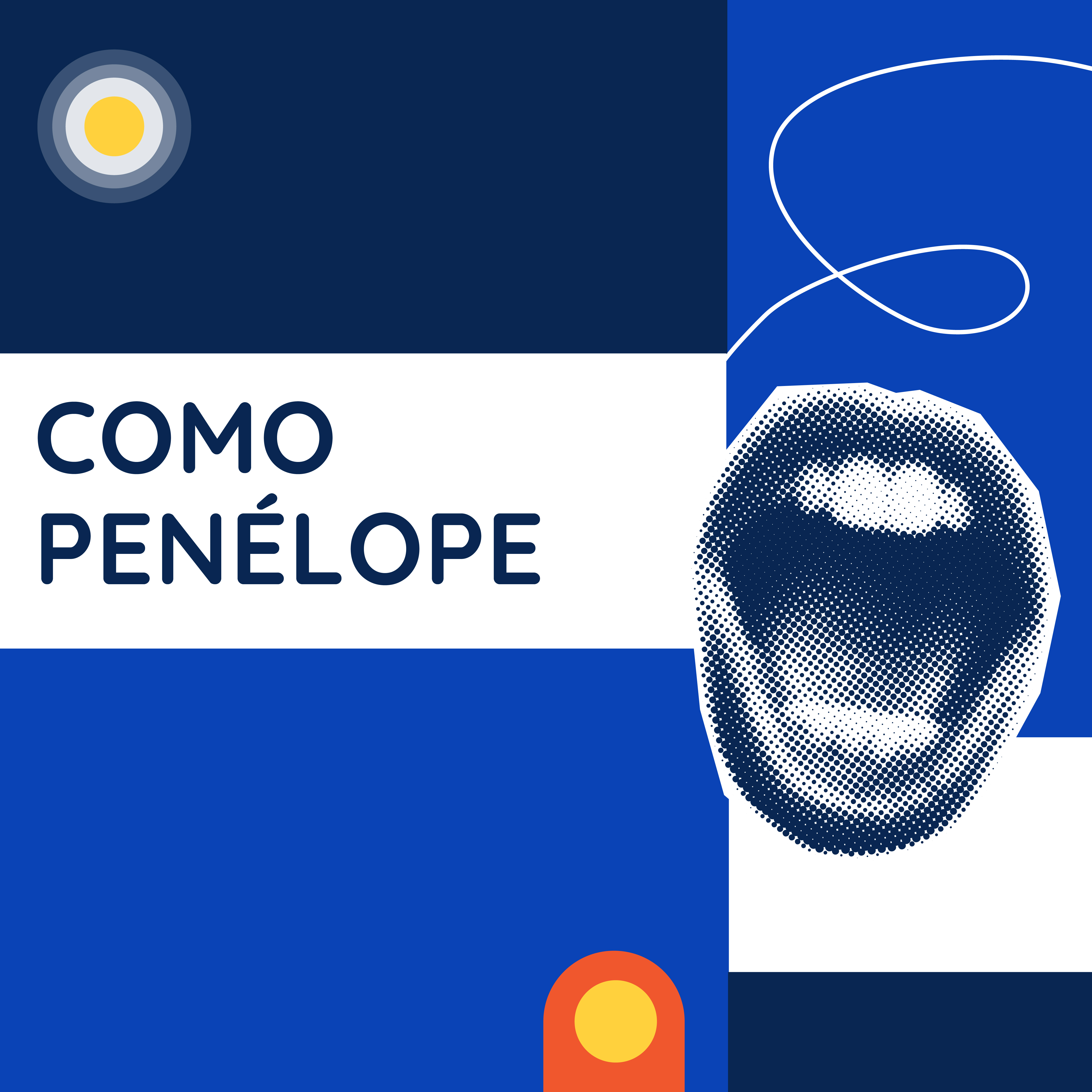 Fondo azul con título alineado a la izquierda con la inscripción "Como Penélope" en mayúscula sostenida. A la derecha resalta la ilustración de una boca humana abierta como símbolo de lenguaje y/o comunicación.