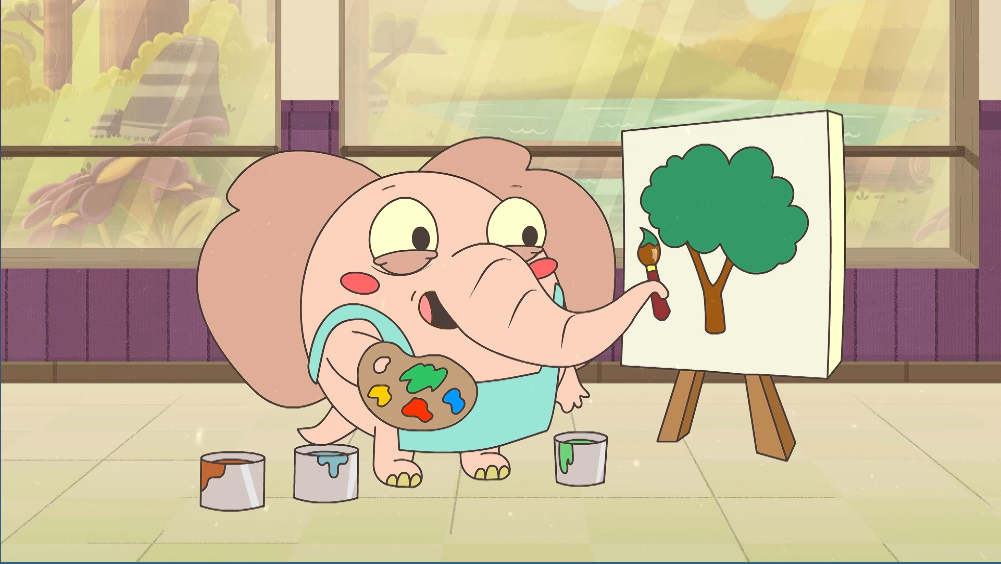Caricatura de un elefante en un salón de clases pintando un árbol en un lienzo.