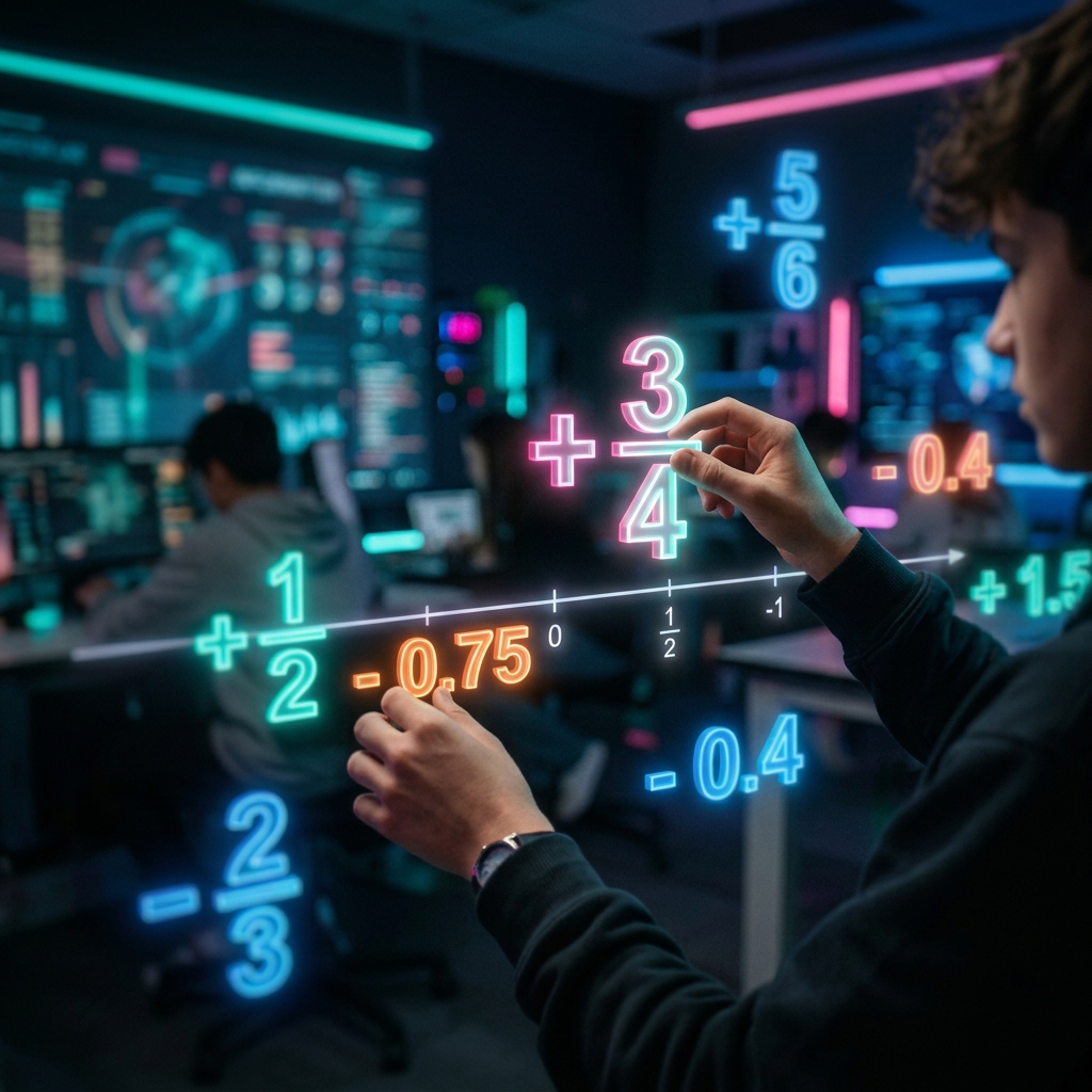 Manos de un estudiante interactúan con números racionales y fraccionarios tridimensionales y brillantes (+ 1/2, - 0.75, + 3/4) que flotan en un espacio de aprendizaje digital oscuro. Iluminación de neón en tonos turquesa y rosa con enfoque suave.