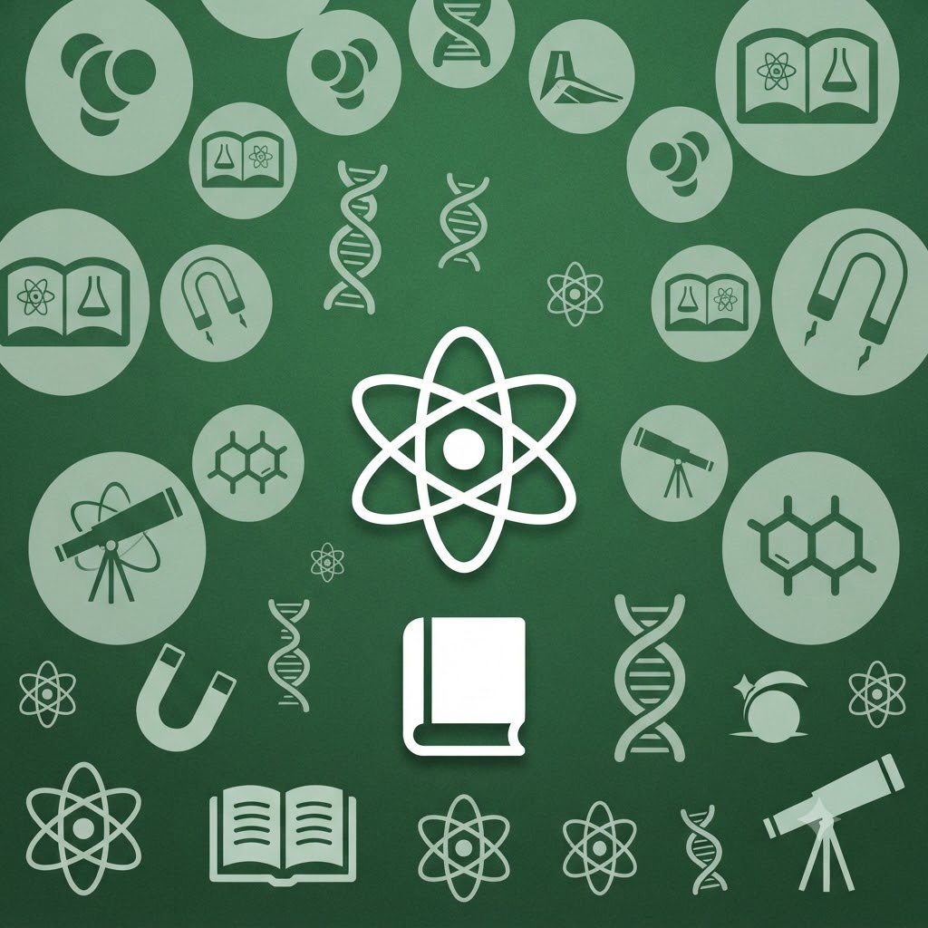 Imagen cuadrada de fondo verde con iconos científicos y educativos en tono verde claro distribuidos en círculos semitransparentes. En el centro destaca un átomo blanco rodeado por símbolos como libros, ADN, átomos y telescopios.