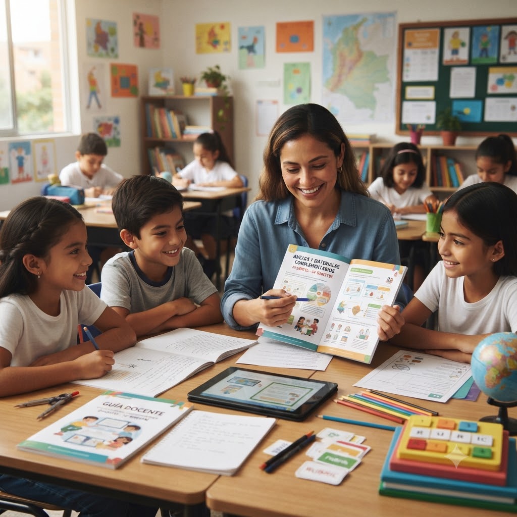 Aula: Docente sonriente muestra guía abierta "Materiales Complementarios" a tres niños atentos. Sobre la mesa hay tablet, "Guía Docente", cuaderno y globo terráqueo. Al fondo, más estudiantes en pupitres y mapa de Colombia en pared. Ambiente luminoso y colorido.