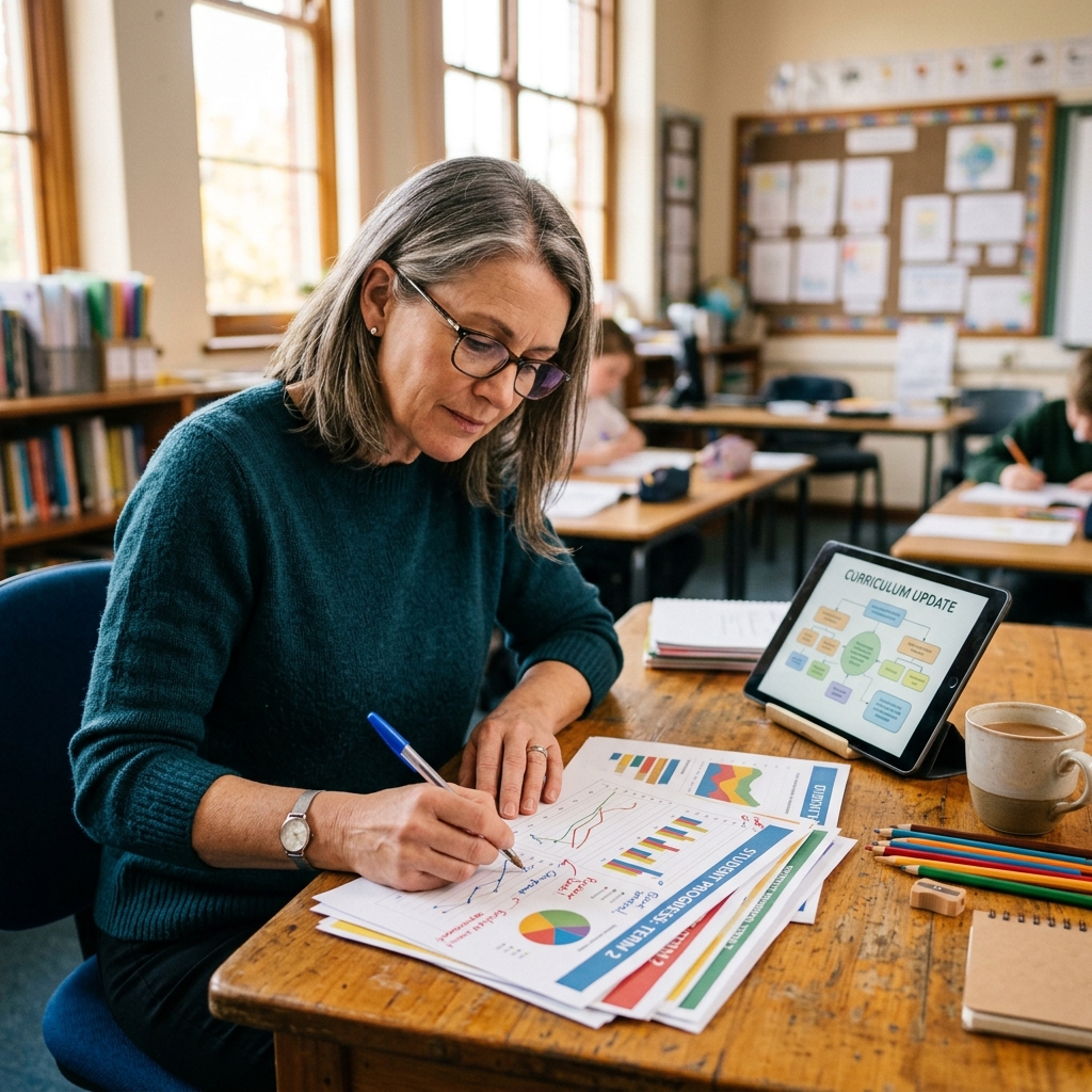 Docente revisa hojas de papel con anotaciones de colores sobre un escritorio de madera. Al lado, una tablet muestra gráficos de mejora y actualización de contenidos. Enfoque selectivo y luz cálida.
