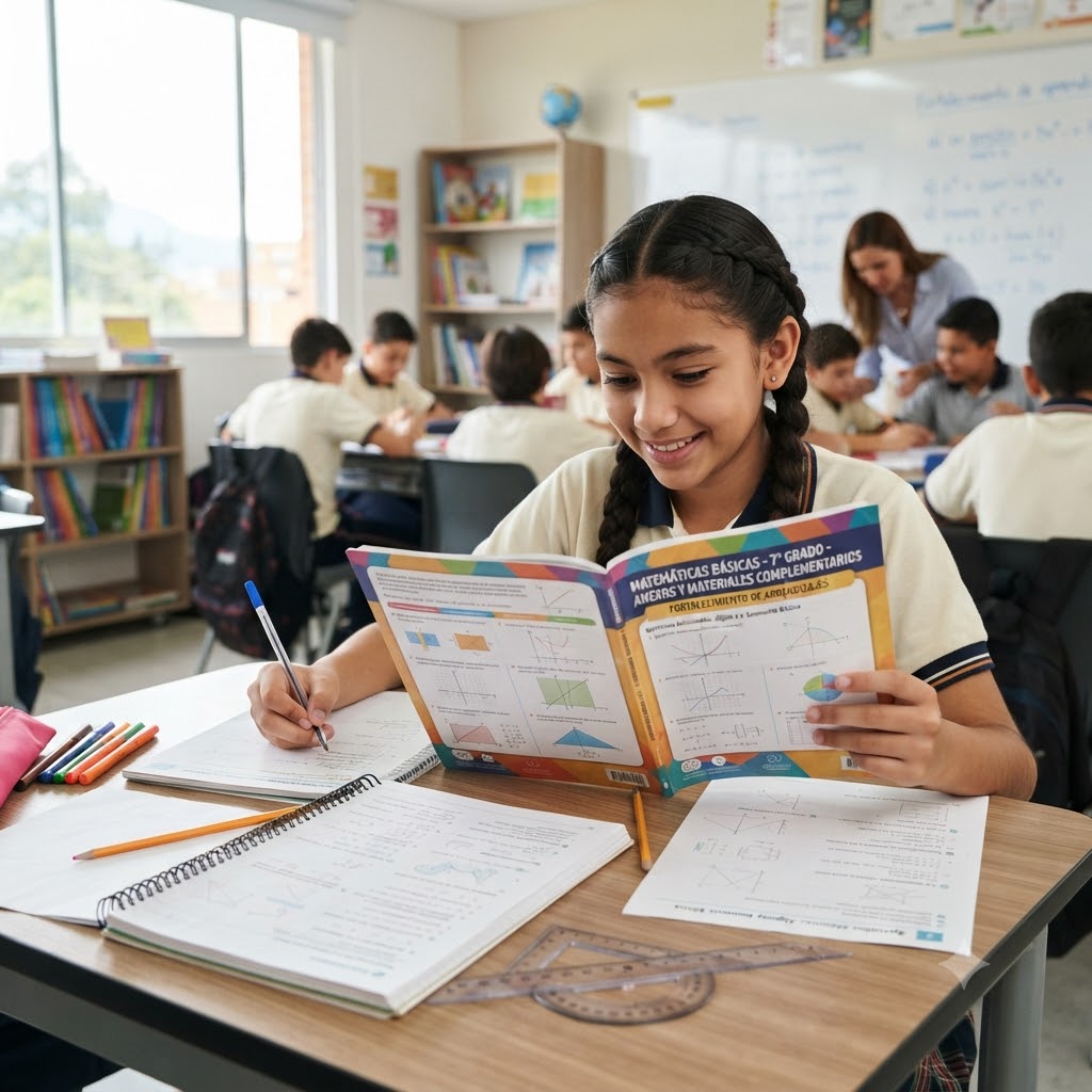 En un salón de clases, una estudiante sonriente con uniforme de camisa beige y trenzas lee un libro de matemáticas titulado "MATEMÁTICAS BÁSICAS - 7° GRADO" mientras escribe en un cuaderno abierto. Sobre la mesa hay útiles escolares, incluyendo lápices, bolígrafos y un transportador. Al fondo, otros estudiantes y una maestra trabajan en un aula luminosa con estanterías y una pizarra.