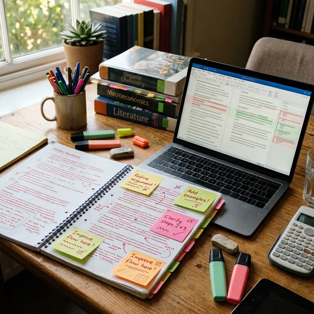 Escritorio de estudio con un cuaderno abierto que tiene notas adhesivas de colores marcando correcciones. Al lado, una laptop muestra un documento de texto digital.