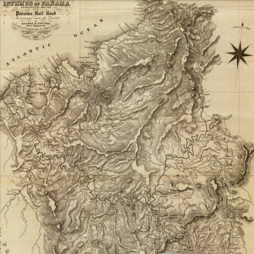 Mapa antiguo con relieve detallado, costa atlántica y estrella de navegación al costado derecho superior.