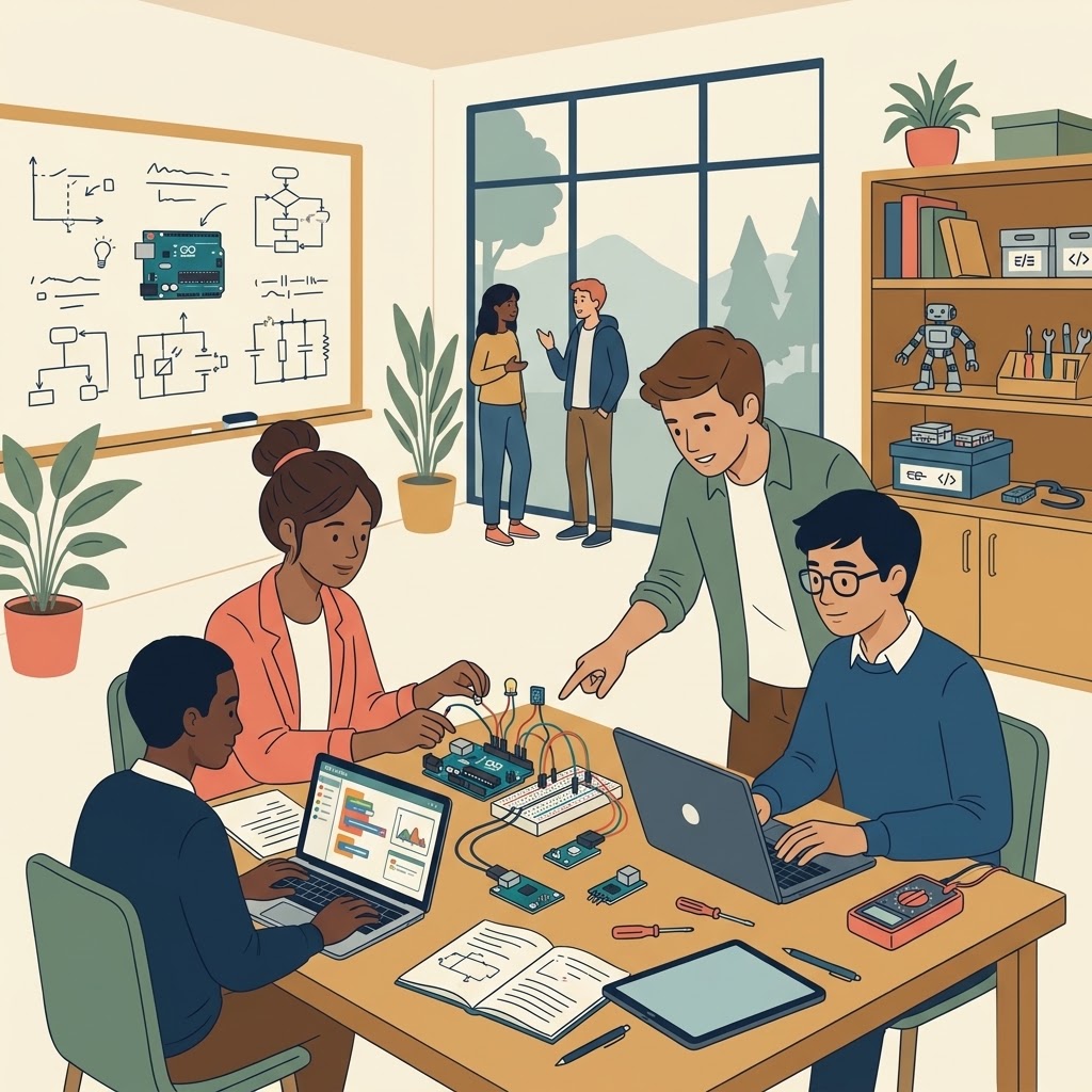 Ilustración plana de jóvenes en un "Aula-Lab" colaborando en una mesa con portátiles y un prototipo de Arduino con cables y sensores. De fondo, una pizarra con esquemas de circuitos, una estantería con herramientas, libros y un robot, y una gran ventana con estudiantes conversando.