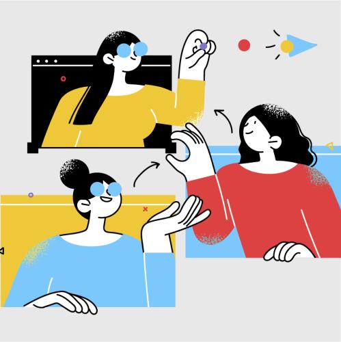 Tres personas, una con ropa amarilla, azul o roja