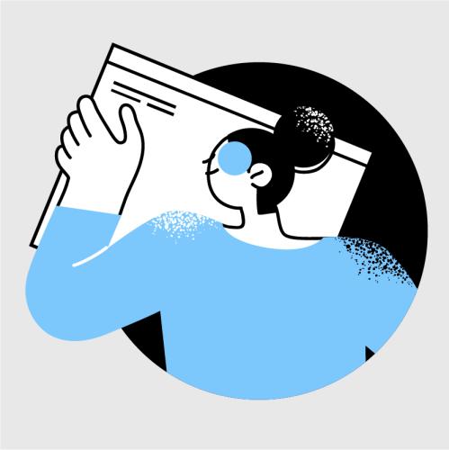 Ilustración de una joven con un documento en la mano. Ella tiene cabello negro recogido y blusa azul clara