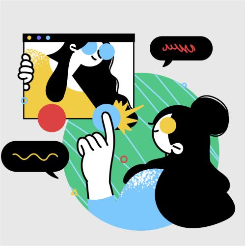 ilustración en la que hay una mujer de cabello largo negro, tocando una pantalla con diversas creaciones intelectuales 