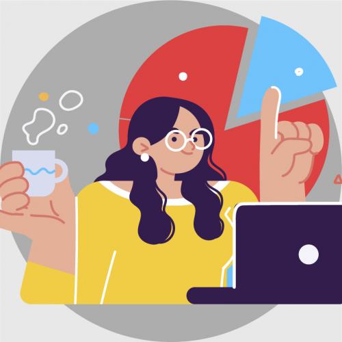 ilustración que muestra una niña tomando café frente a un portátil