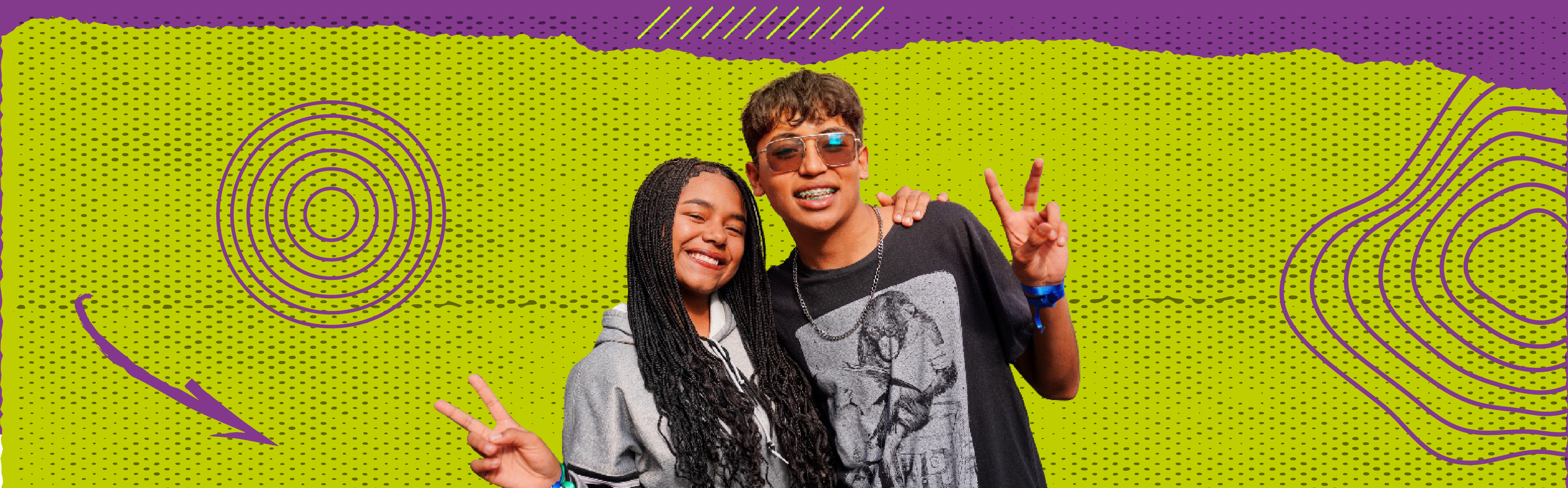 Fondo verde y morado con dos adolescentes saludando con la mano