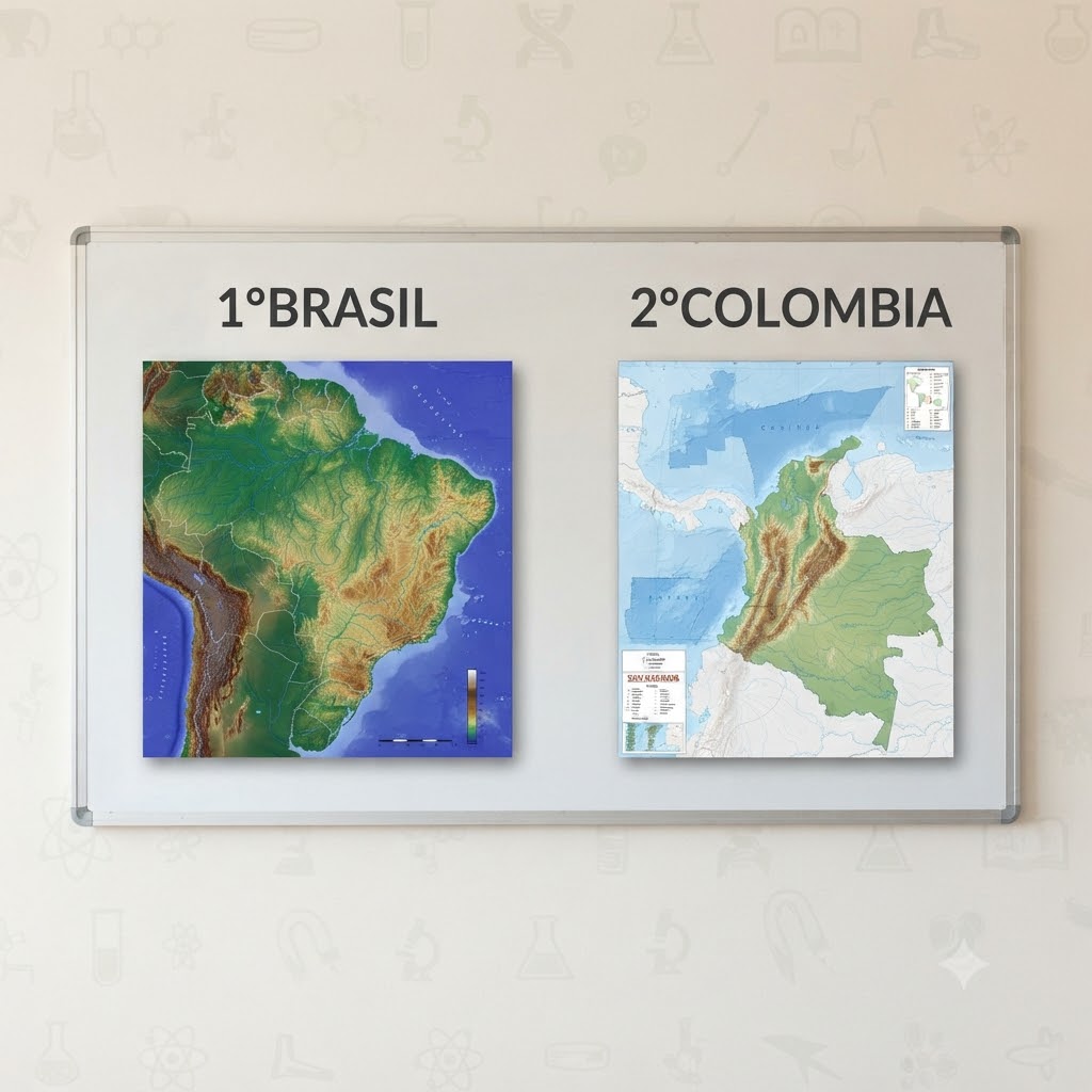 Imagen cuadrada en una pizarra blanca con dos mapas geográficos de Sudamérica: a la izquierda, el relieve físico de Brasil; a la derecha, el mapa físico-político de Colombia con el relieve de la cordillera.
