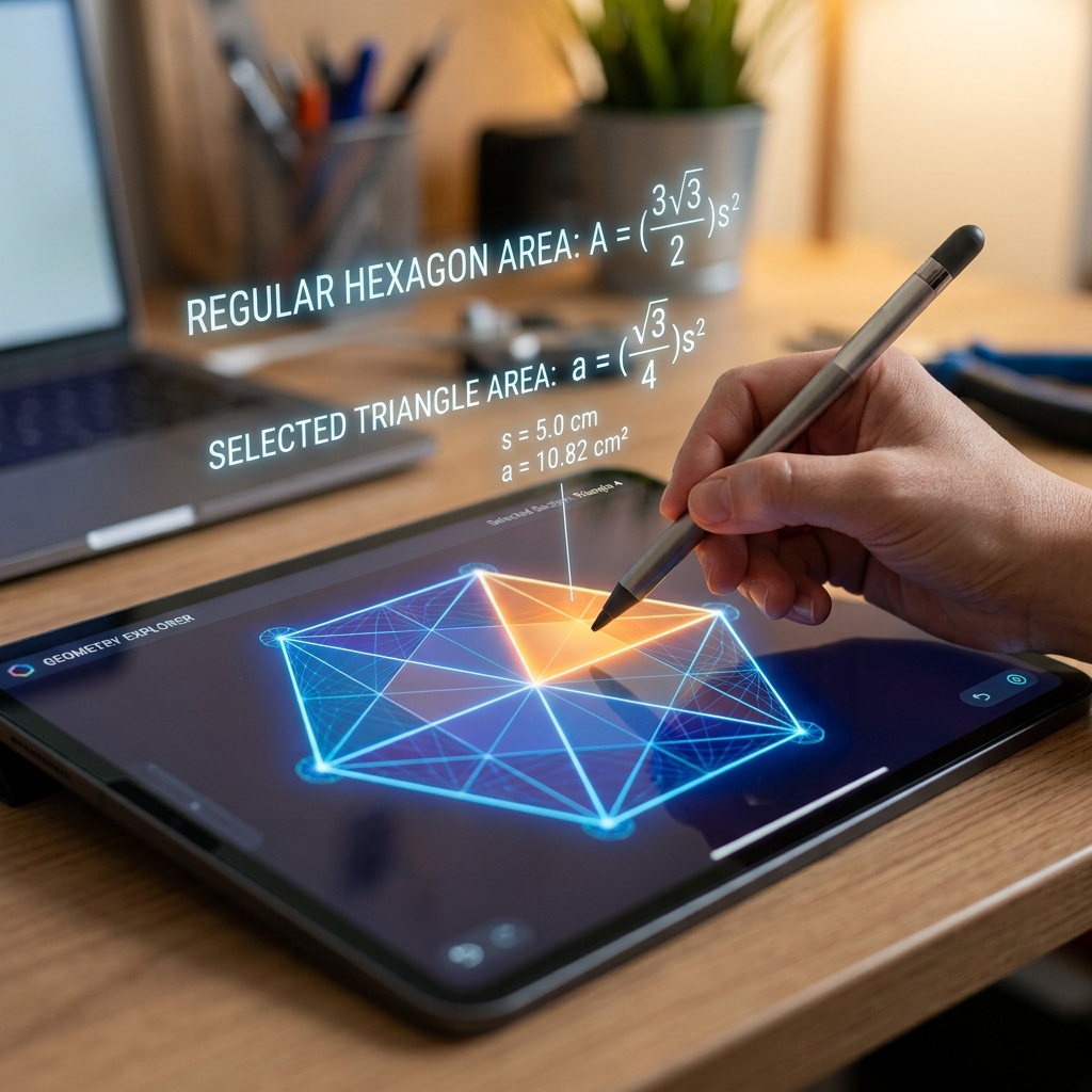 Tablet digital mostrando un polígono interactivo dividido en triángulos brillantes. Una mano sostiene un lápiz óptico resaltando una sección. Fórmulas translúcidas de cálculo de áreas flotan sobre la pantalla iluminada. Estilo fotorrealista, moderno y dinámico.