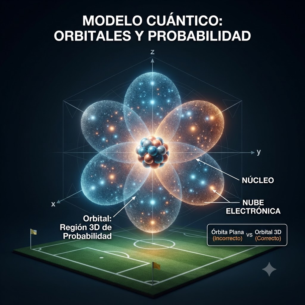 Gráfico educativo sobre el modelo atómico cuántico. Muestra un núcleo central rodeado por una nube electrónica con forma de orbital tridimensional complejo sobre un plano cartesiano. Incluye texto explicativo y etiquetas para el núcleo, la nube y la analogía con un campo de fútbol.