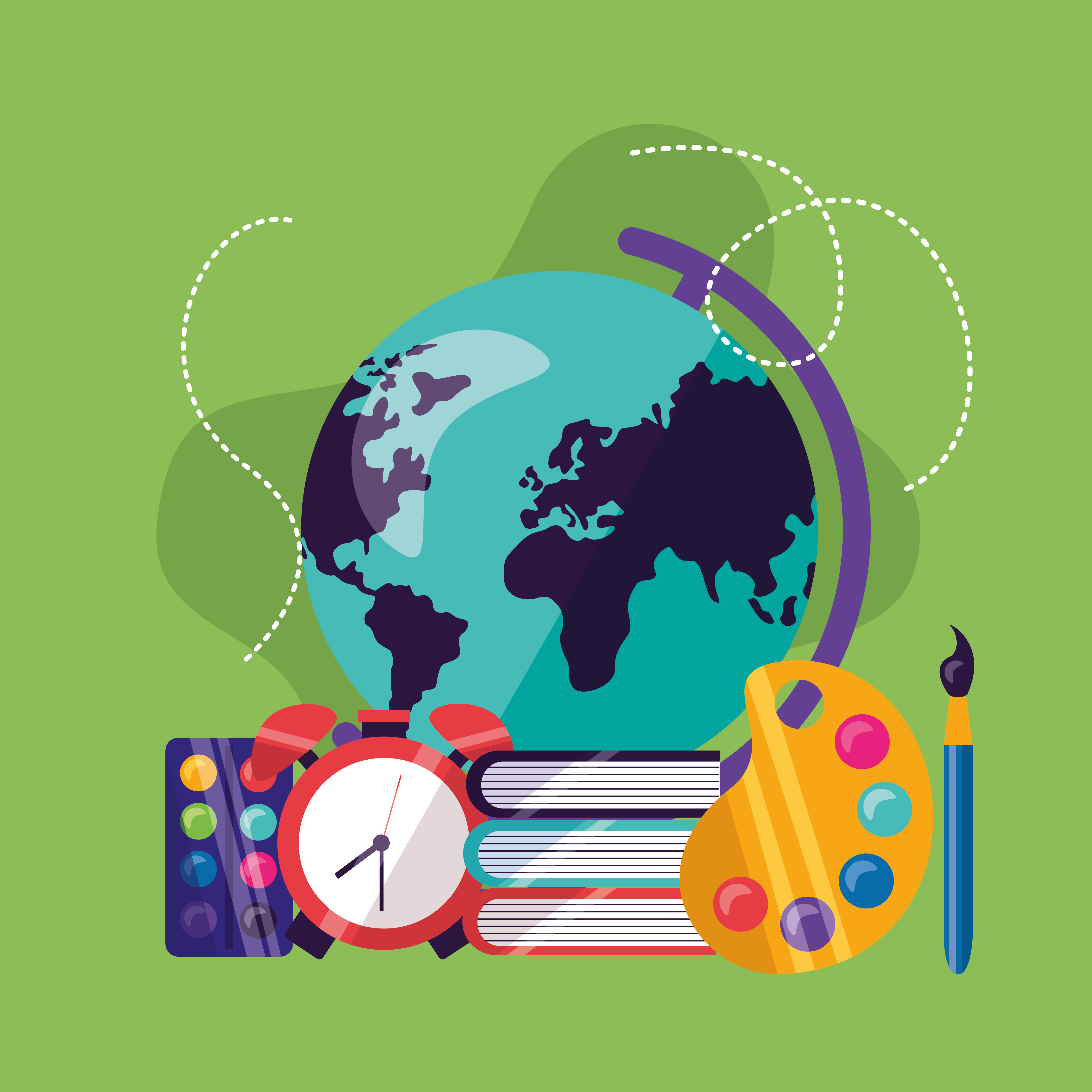 Ilustración con fondo verde donde aparecen un globo terráqueo y en su parte inferior hay un reloj, 3 libros y una paleta de colores con un pincel