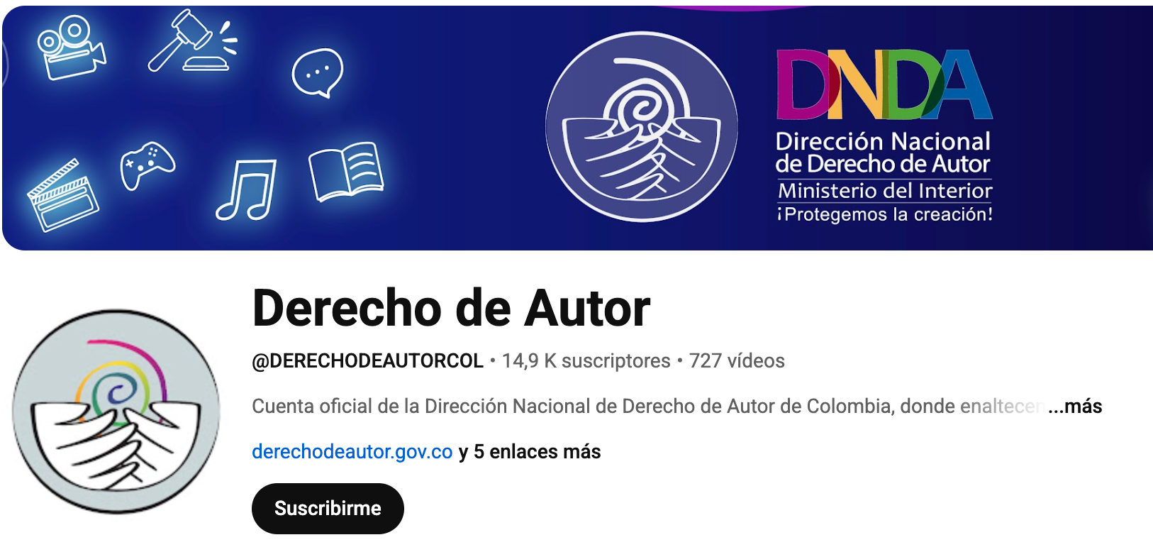 Imagen de la portada del canal de YouTube de la Dirección Nacional de Derechos de Autor