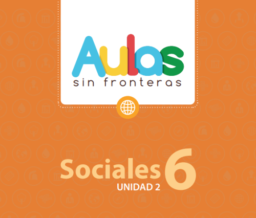 Portada de material educativo. Dice "Aulas sin fronteras" con letras de colores sobre fondo blanco. Debajo, sobre fondo verde con iconos científicos, "Ciencias 6" y "UNIDAD 1". Un átomo en medio.