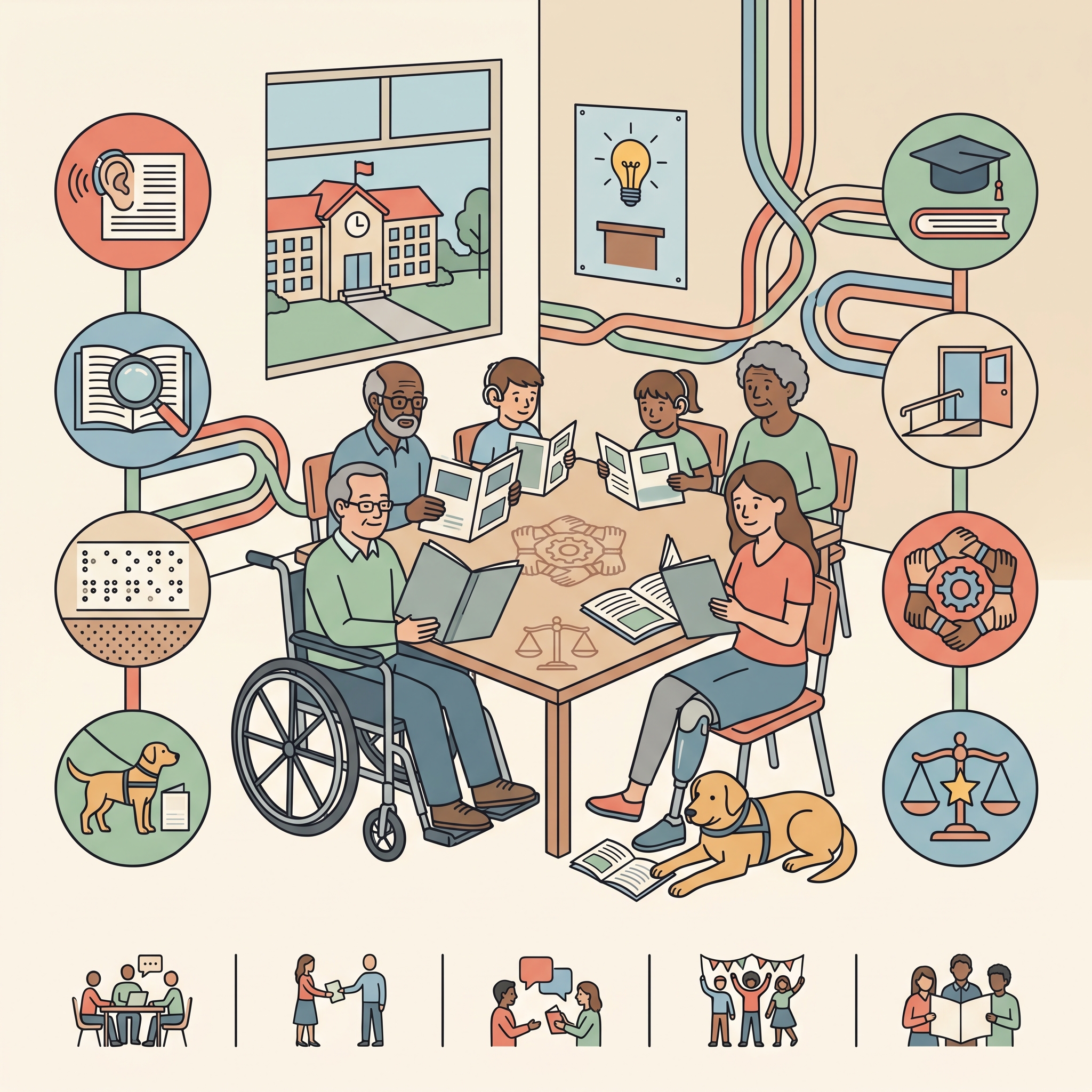 Ilustración de un grupo diverso leyendo alrededor de una mesa. Muestra personas en silla de ruedas, con prótesis y audífonos. Iconos flanquean con apoyos: Braille, perros guía, rampas y balanzas de justicia. Al fondo, una escuela y una bombilla. Abajo, iconos de pasos de colaboración y educación inclusiva.