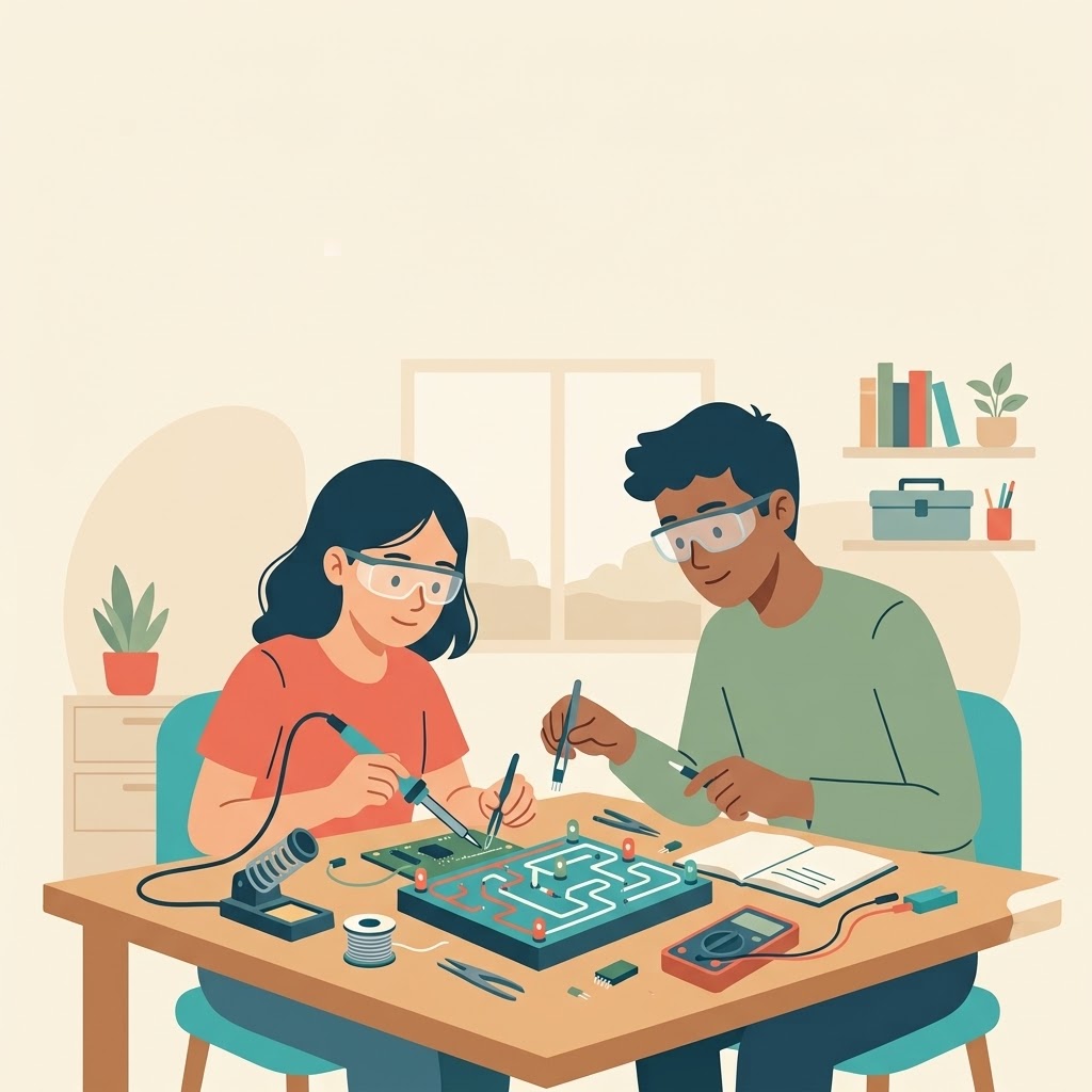 Ilustración plana de una joven y un joven sentados a una mesa trabajando juntos en una placa de circuito con laberintos de colores, usando soldadores y gafas de protección. Sobre la mesa hay un multímetro, herramientas y libretas. De fondo, una ventana, una cajonera, estantes y plantas