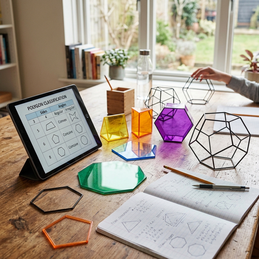 Modelos geométricos en 3D (acrílico de colores y estructuras de alambre) que representan triángulos, pentágonos y hexágonos sobre un escritorio. Al lado, una tableta muestra esquemas de clasificación según lados y ángulos bajo una iluminación natural clara.