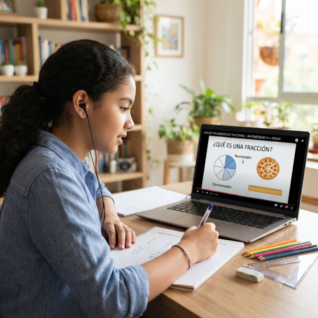 Una estudiante con audífonos escribe en un cuaderno anotaciones sobre fracciones mientras mira una videoclase en su laptop. La pantalla muestra el título "¿Qué es una fracción?" con gráficos de un círculo dividido y una pizza, explicando numerador y denominador. Sobre la mesa hay útiles escolares y lápices de colores.