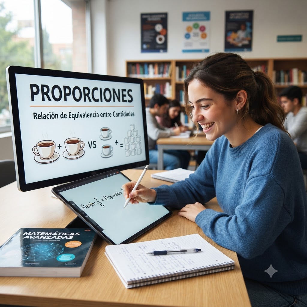 Una estudiante sonriente escribe en una tableta gráfica con un lápiz óptico. Un monitor detrás muestra una presentación titulada 'PROPORCIONES' y 'Relación de Equivalencia', ilustrada con tazas de café y cubos de azúcar. Sobre la mesa hay un libro 'MATEMÁTICAS AVANZADAS' y un cuaderno. Fondo borroso de una biblioteca universitaria.