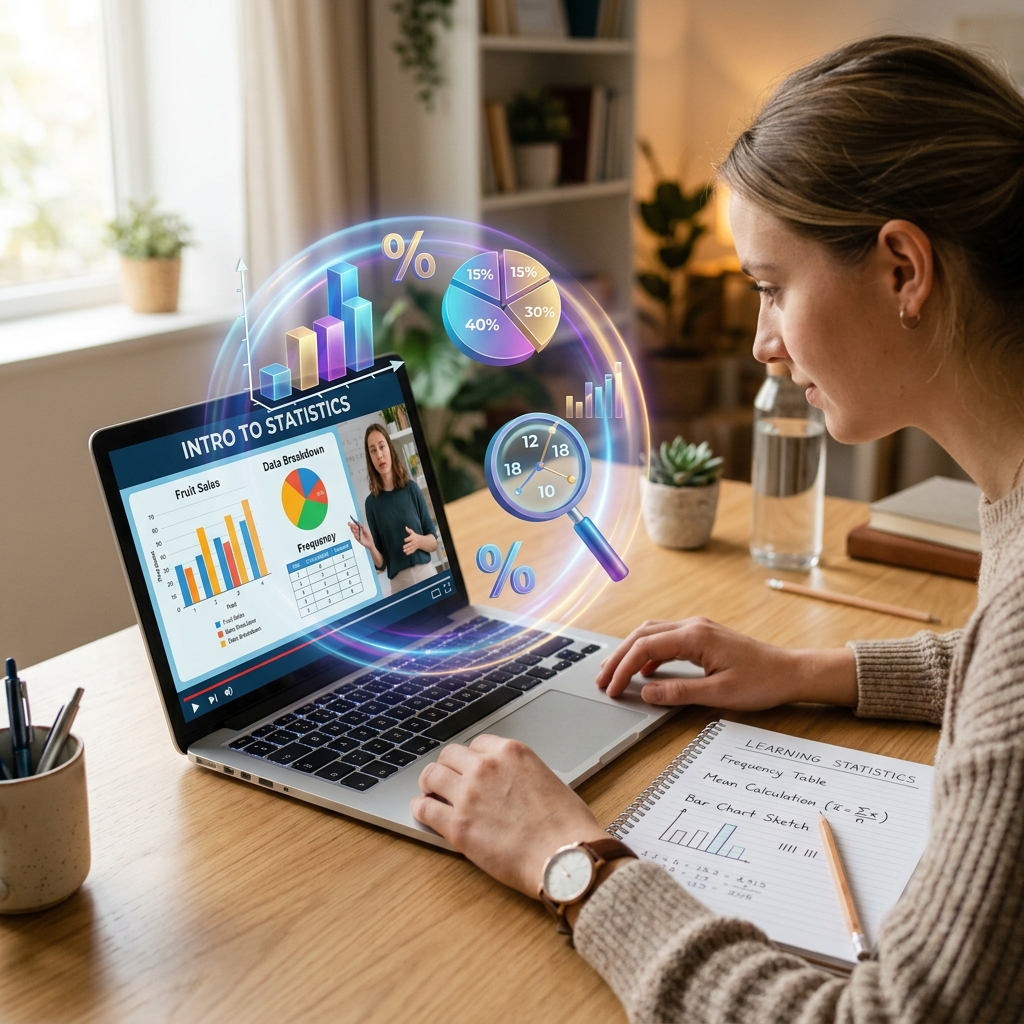 Laptop en un escritorio muestra una videoclase con gráficos de barras, pastel y tablas de datos. Gráficos tridimensionales y porcentajes holográficos y brillantes flotan sobre el teclado. Al lado, una libreta abierta con bocetos de gráficas y marcas de conteo.
