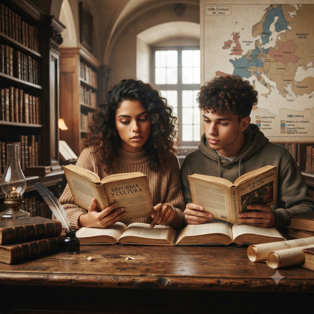 Dos jóvenes estudian en una biblioteca histórica. Ella lee "Reforma y Cultura", él "La Contrarreforma y el Arte". Sobre la mesa hay libros antiguos, pluma y mapa de Europa del siglo XVI al fondo. Representación académica de historia moderna.