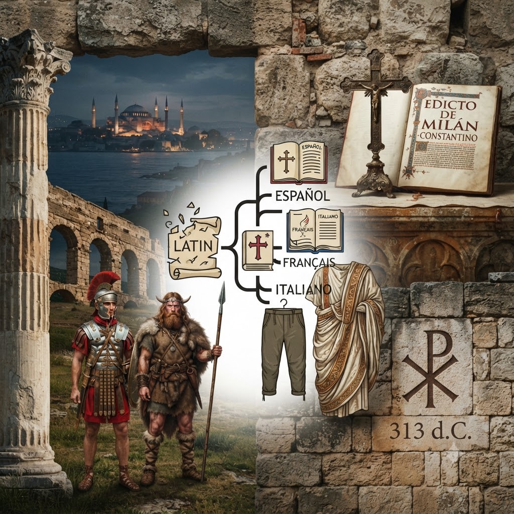 Imagen sobre la caída de Roma y la Edad Media. Muestra a un soldado romano y un guerrero bárbaro frente a ruinas y Constantinopla. Un diagrama ilustra la evolución del latín al español, francés e italiano, junto con la vestimenta (pantalones vs. toga). A la derecha, un crucifijo, el Edicto de Milán y el crismón con la fecha 313 d. C.