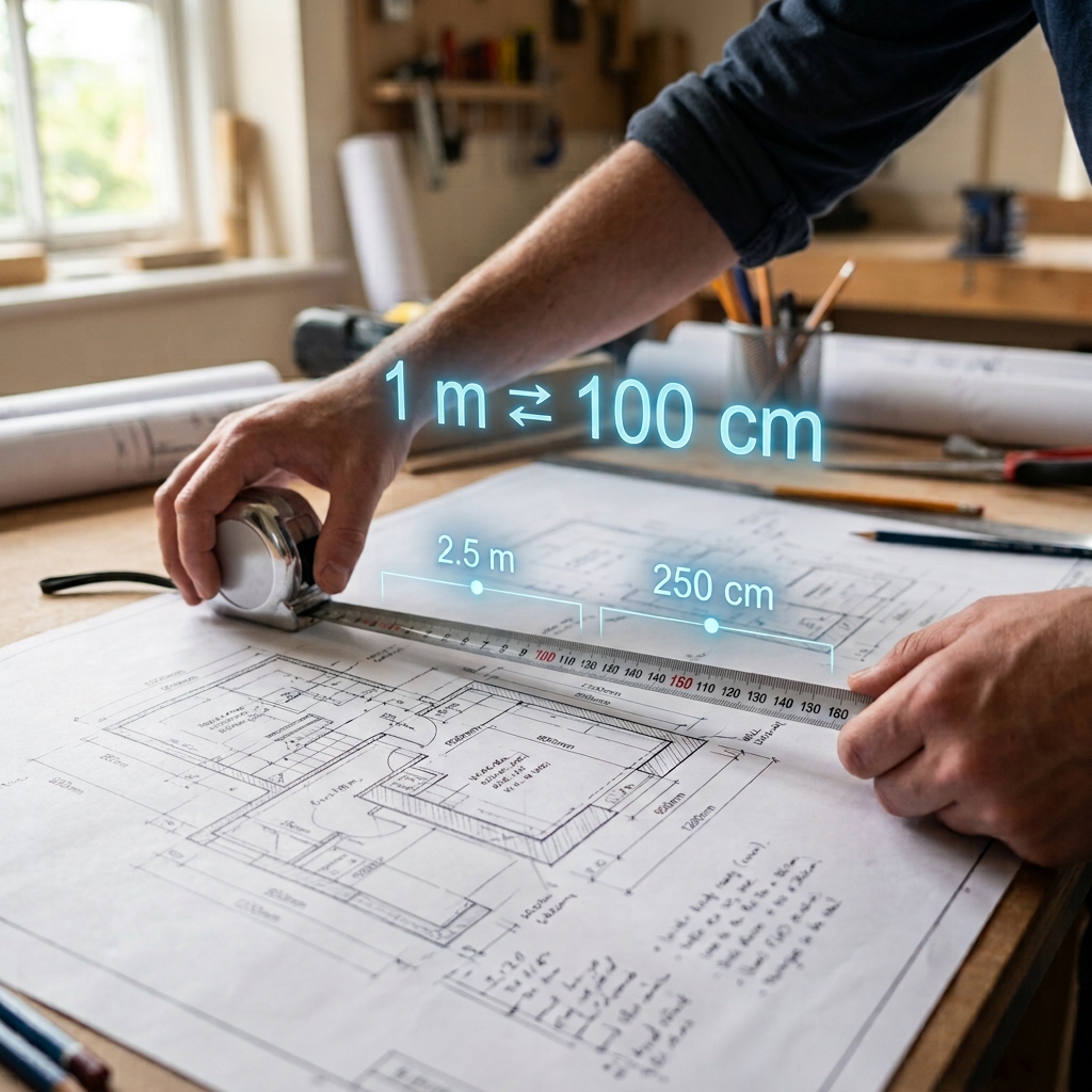 Unas manos extienden una cinta métrica metálica sobre un plano técnico. Sobre la cinta flotan proyecciones nítidas que muestran la equivalencia matemática entre metros y centímetros (1 m = 100 cm). Una escena de diseño moderno, clara y con luz natural.
