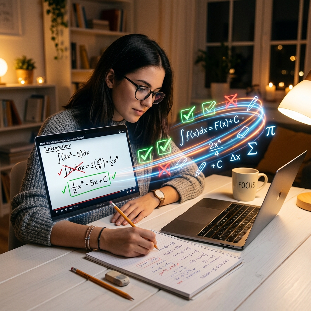 Laptop en escritorio muestra correcciones matemáticas con marcas verdes de verificado. Símbolos holográficos de fórmulas, lápices y marcas de correcto flotan sobre el teclado. En primer plano hay una libreta abierta con anotaciones, un borrador y un lápiz bajo luz cálida.