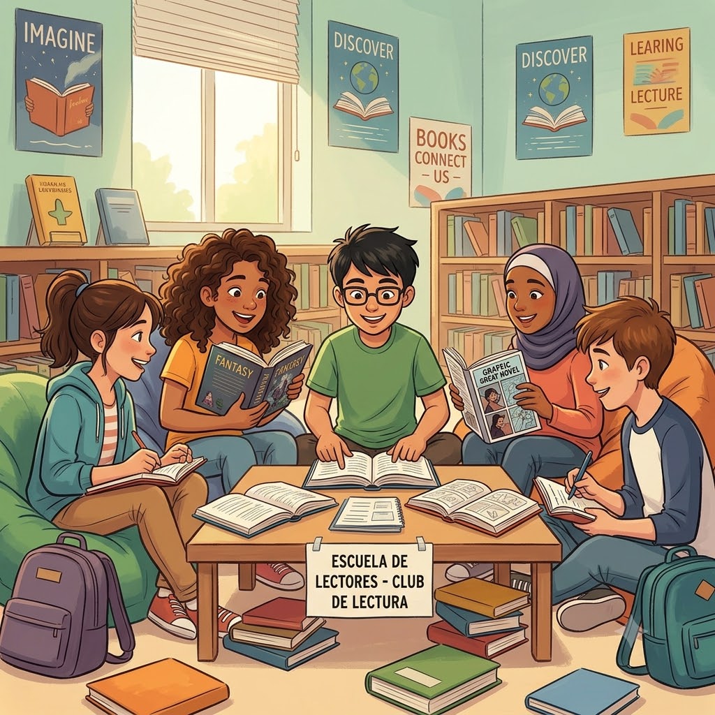 Ilustración de cinco estudiantes diversos leyendo alegres en una biblioteca. Están sentados en pufs y el suelo, rodeados de mochilas y pilas de libros. En el centro, una mesa con libros abiertos y un cartel que dice 'ESCUELA DE LECTORES - CLUB DE LECTURA'. Hay estanterías y pósters al fondo.