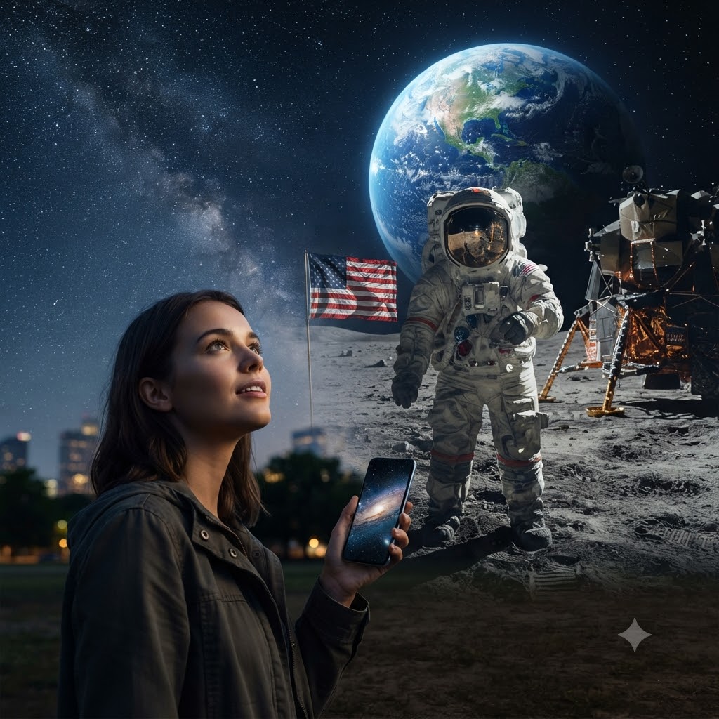 Primer plano de joven sosteniendo un móvil y mirando al cielo estrellado sobre una ciudad. El fondo se transforma en la superficie lunar con un astronauta, la bandera de EE.UU. y el módulo de descenso, mirando hacia una Tierra grande y brillante. Refleja el progreso tecnológico.