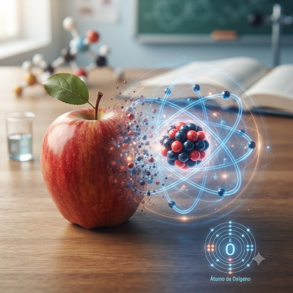 Manzana roja en mesa de laboratorio desintegrándose en una proyección holográfica 3D de un átomo de oxígeno (O) con núcleo de protones y neutrones y electrones en órbitas azules. Fondo borroso con material de química. Incluye diagrama de Bohr.
