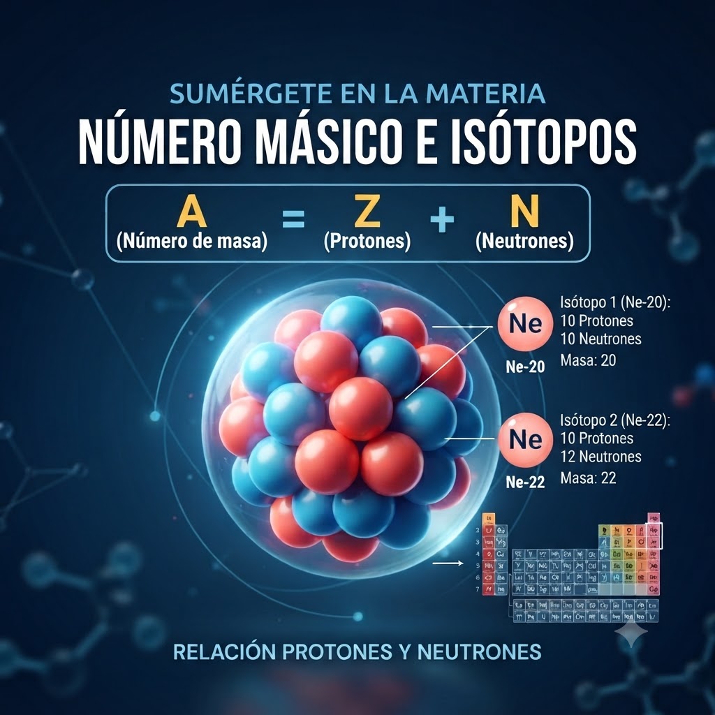 Infografía sobre isótopos. Título: "NÚMERO MÁSICO E ISÓTOPOS". Muestra la fórmula A=Z+N (Número de masa = Protones + Neutrones). Incluye un modelo 3D de un núcleo atómico y dos ejemplos de Neón (Ne-20 y Ne-22) con desglose de partículas y masa. Abajo, tabla periódica y texto "RELACIÓN PROTONES Y NEUTRONES".