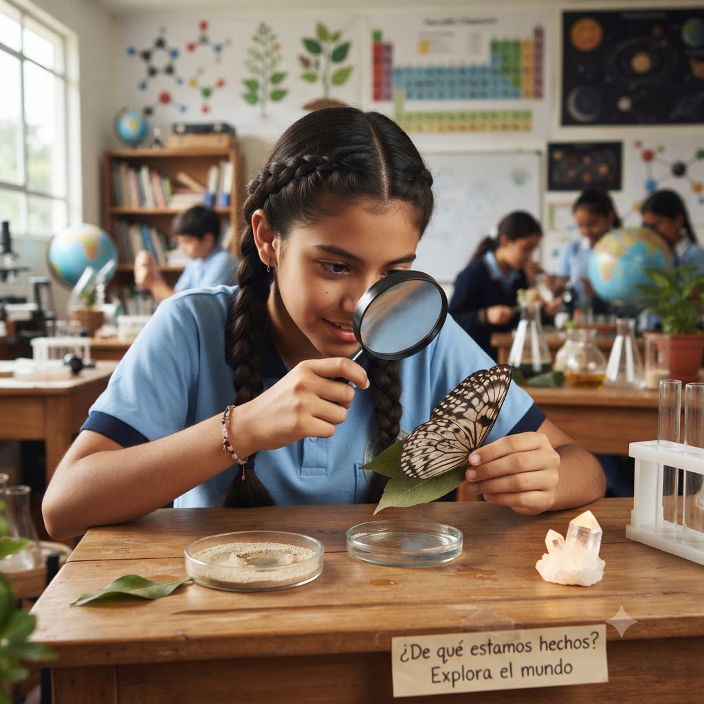 En un salón de clases, una estudiante con uniforme y trenzas observa una mariposa con una lupa. Sobre la mesa hay placas de Petri, arena y un cristal. Al fondo, otros estudiantes y carteles científicos. Un cartel dice: "¿De qué estamos hechos? Explora el mundo".