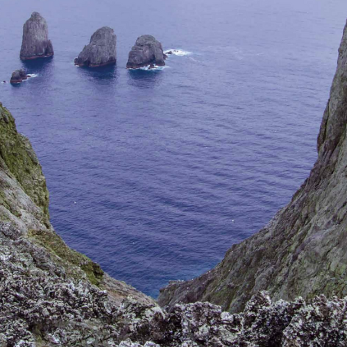 Vista panorámica del mar. En el fondo se observan tres grandes rocas oscuras que se elevan de la superficie del mar, con algunas olas rompiendo suavemente a su alrededor. El agua está tranquila y refleja la luz del cielo.
