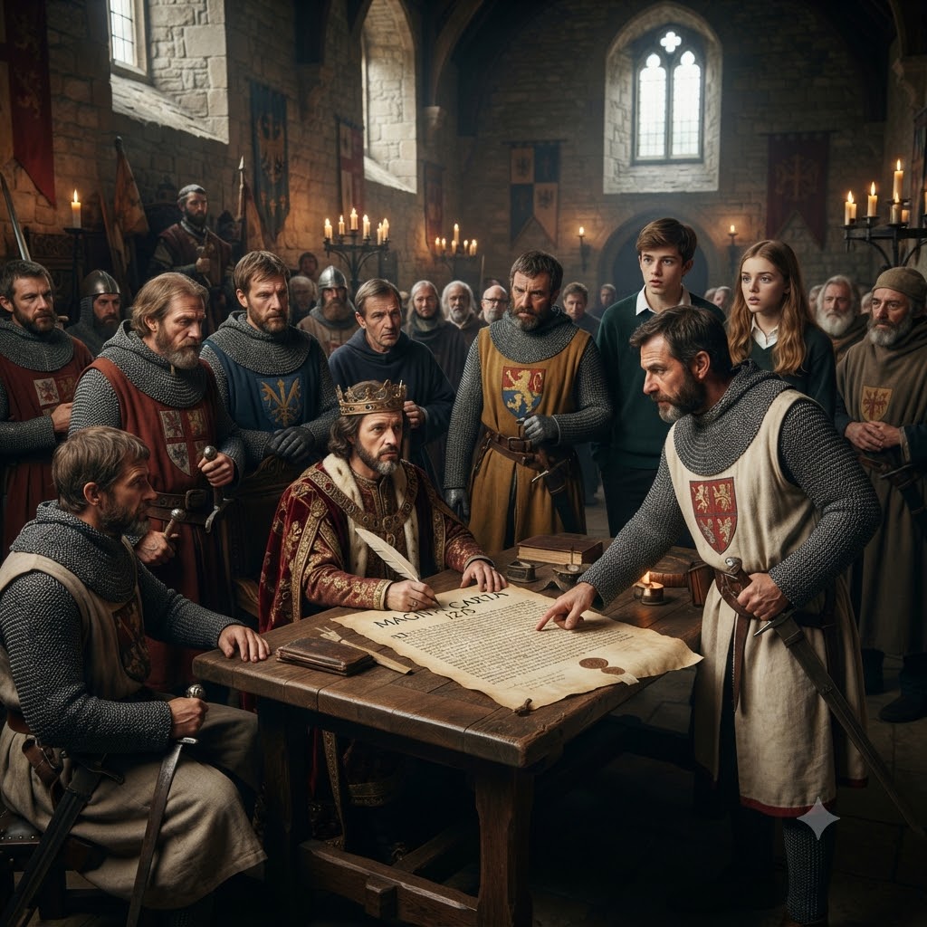 Escena histórica con un rey sentado y escribiendo en un pergamino titulado "Magna Carta", rodeado de nobles y clérigos medievales. Un barón de pie señala el documento. Dos jóvenes modernos aparecen observando la escena en el fondo. Atmósfera realista con luz de velas y escudos.