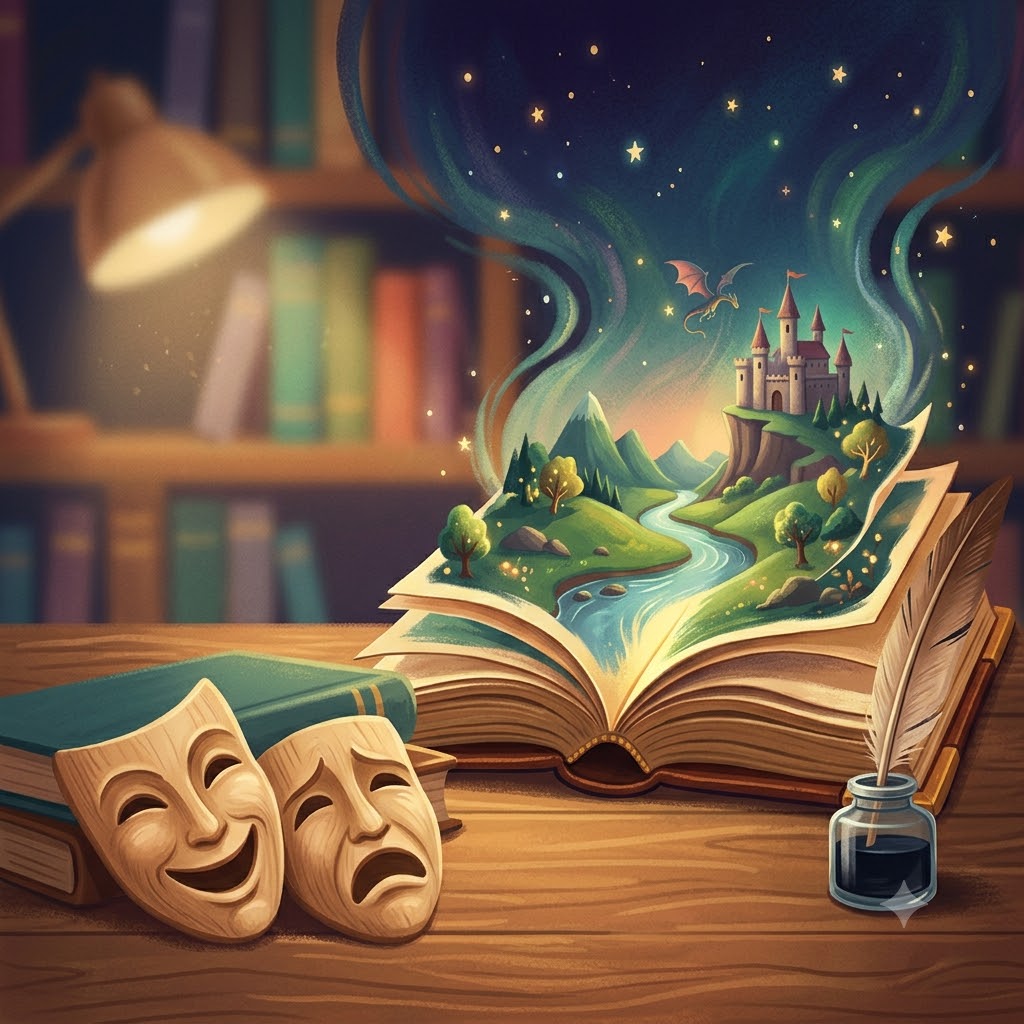 Ilustración de un libro abierto del que emerge un paisaje mágico con un castillo, montañas y un río bajo un cielo estrellado. Le acompañan dos máscaras teatrales de madera (comedia y tragedia) y un tintero con pluma, sobre un fondo de biblioteca.