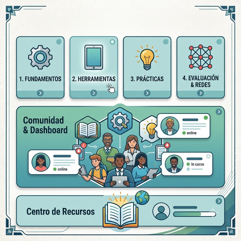 Ilustración de interfaz del curso. Arriba: 4 botones interactivos (Fundamentos, Herramientas, Prácticas, Evaluación) con iconos. Centro: 'Comunidad & Dashboard' con avatares de estudiantes conectados. Abajo: 'Centro de Recursos' con libro y barra progreso."