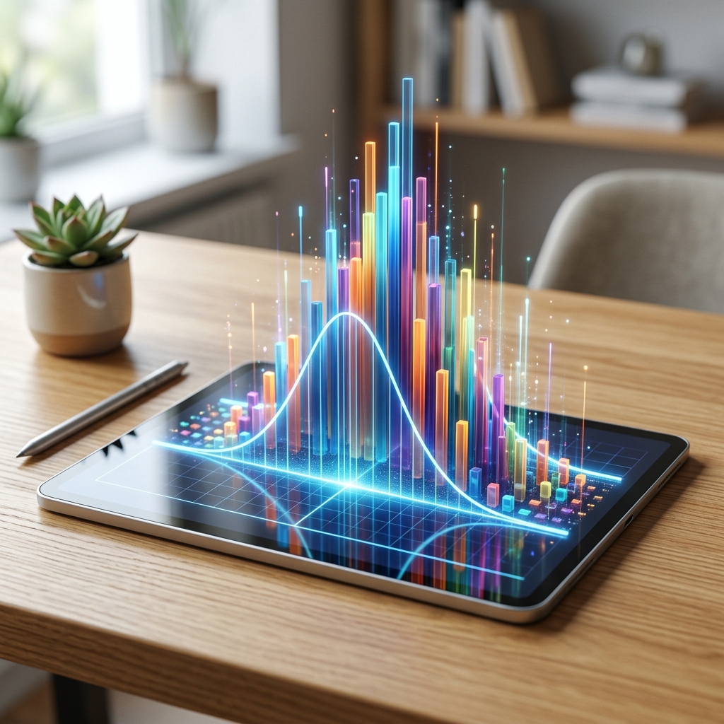 Tablet digital sobre escritorio proyecta curva de campana 3D brillante en tonos azules y naranjas. Barras de datos dinámicas surgen de la pantalla bajo una iluminación suave con reflejos realistas.