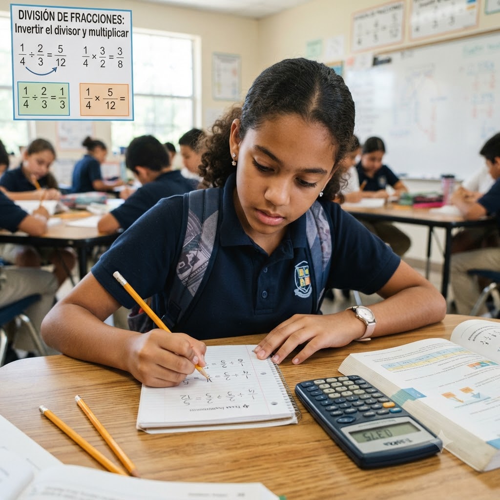 Una estudiante de uniforme y mochila resuelve ecuaciones de división de fracciones en un cuaderno. Sobre la escena, un recuadro muestra ejemplos de operaciones con fracciones y el texto "DIVISIÓN DE FRACCIONES: Invertir el divisor y multiplicar". En el escritorio hay lápices y una calculadora. Otros estudiantes están sentados al fondo.
