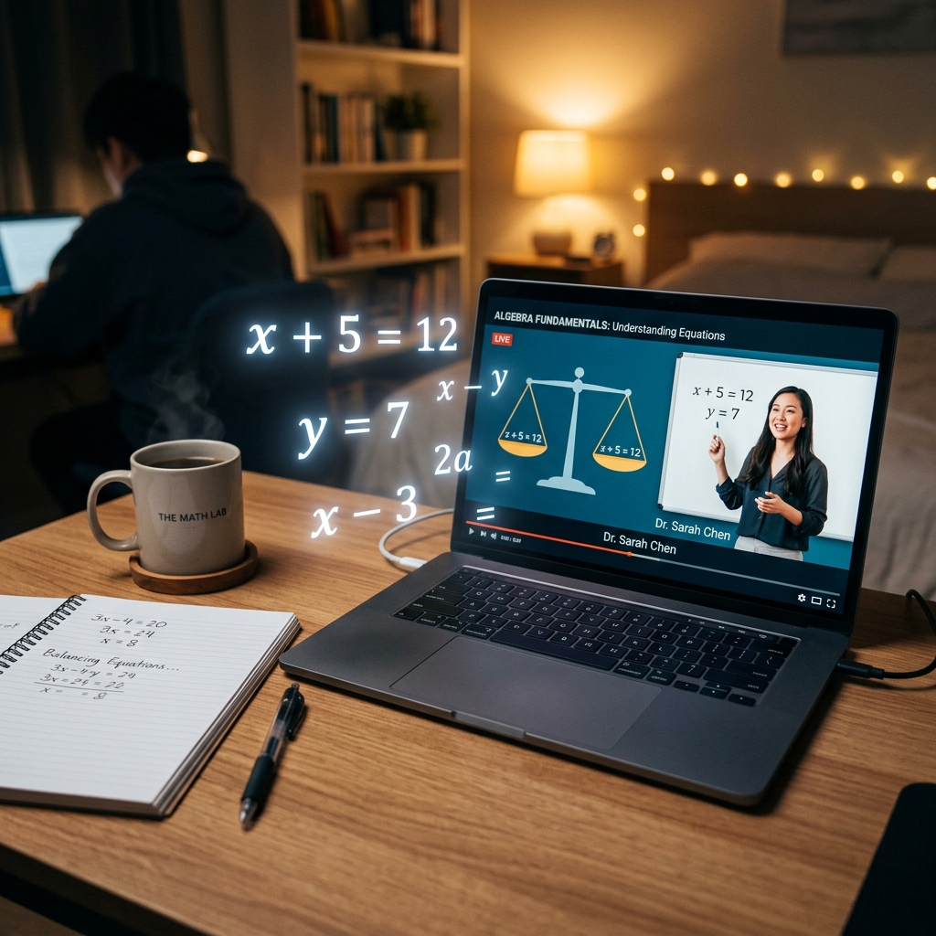 Laptop sobre escritorio muestra una videoclase con una balanza y ecuaciones. Símbolos tridimensionales y brillantes como 'x+5=12' flotan desde la pantalla. Al lado, una libreta abierta y una taza de café bajo luz ambiental suave.