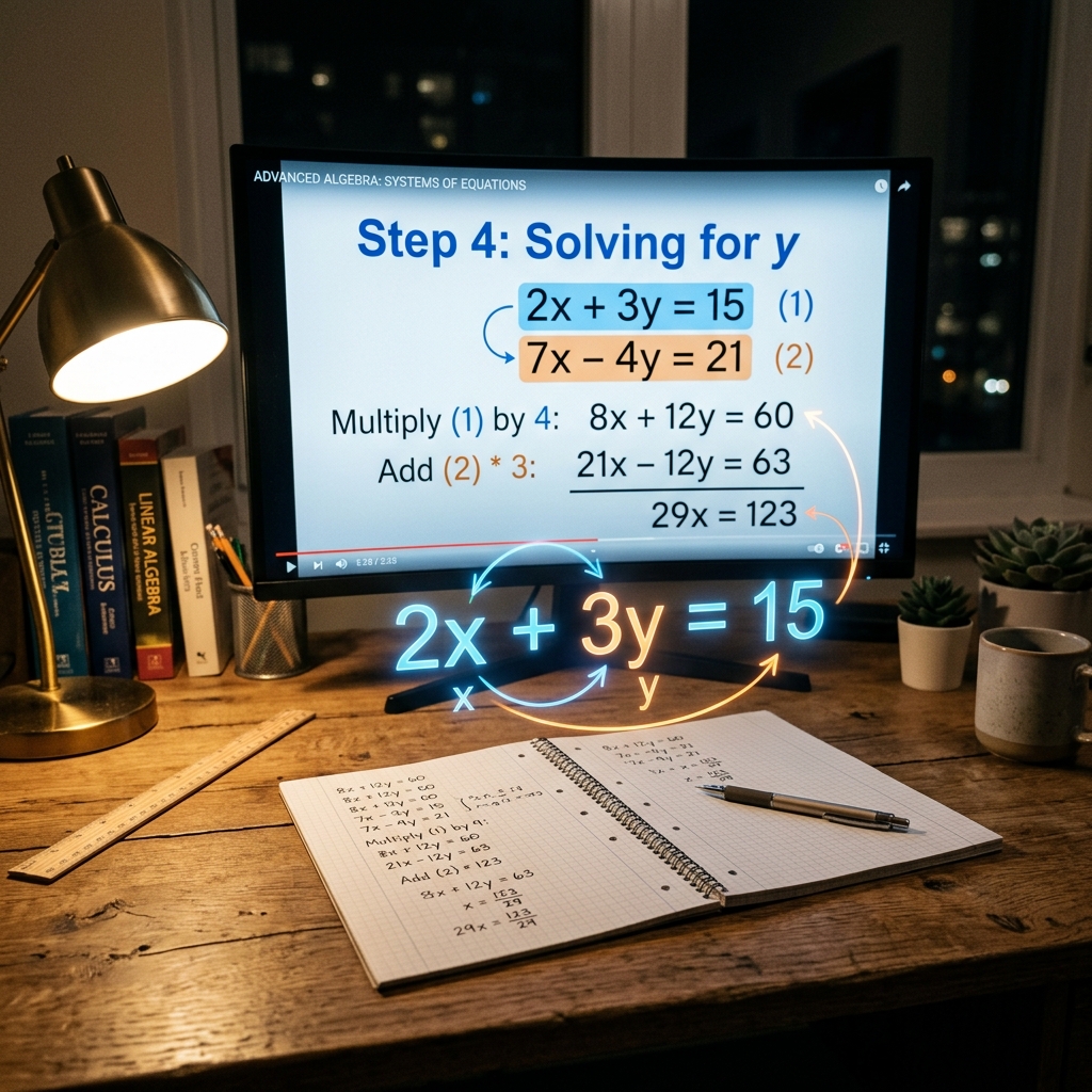 Monitor sobre escritorio de madera muestra una clase de álgebra con pasos y flechas de resolución. Símbolos brillantes como '2x+3y=15' flotan hacia la habitación. Al lado hay una libreta abierta con regla, bolígrafo y una lámpara encendida que aporta calidez.