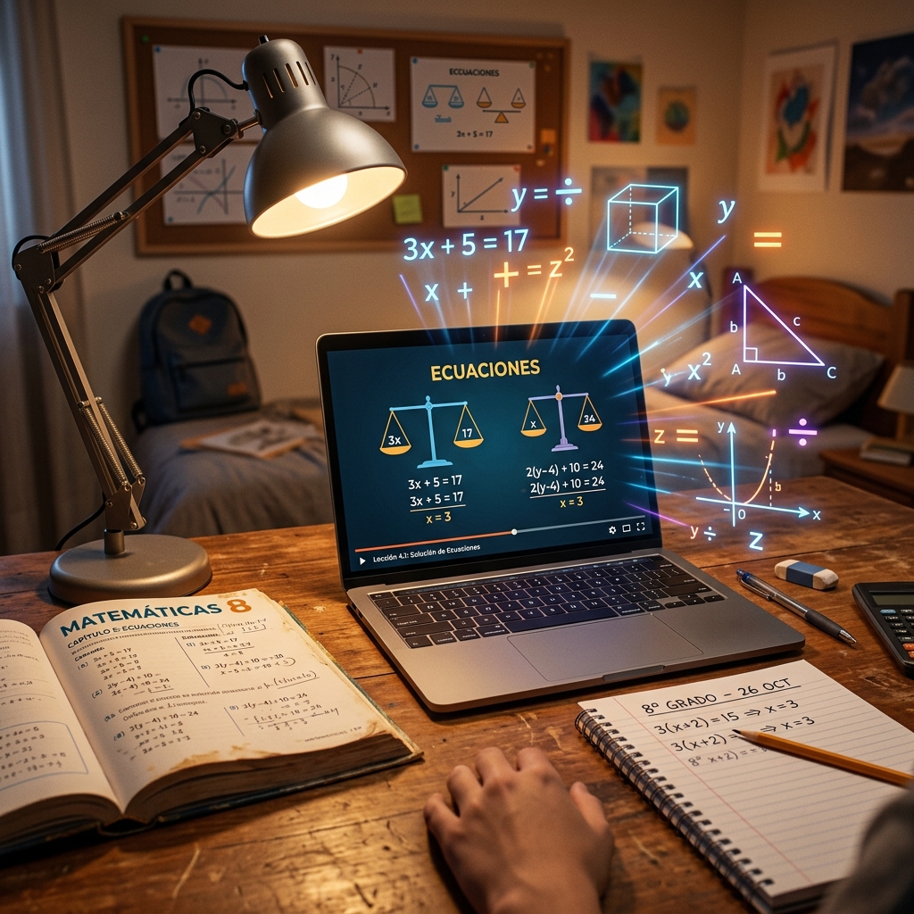 Laptop en mesa de madera muestra una videoclase interactiva de ecuaciones. Símbolos matemáticos brillantes como 'x' e 'y' flotan desde la pantalla junto a figuras geométricas. Al lado hay un libro de texto abierto, libreta con anotaciones y lápiz, iluminados por luz cálida.